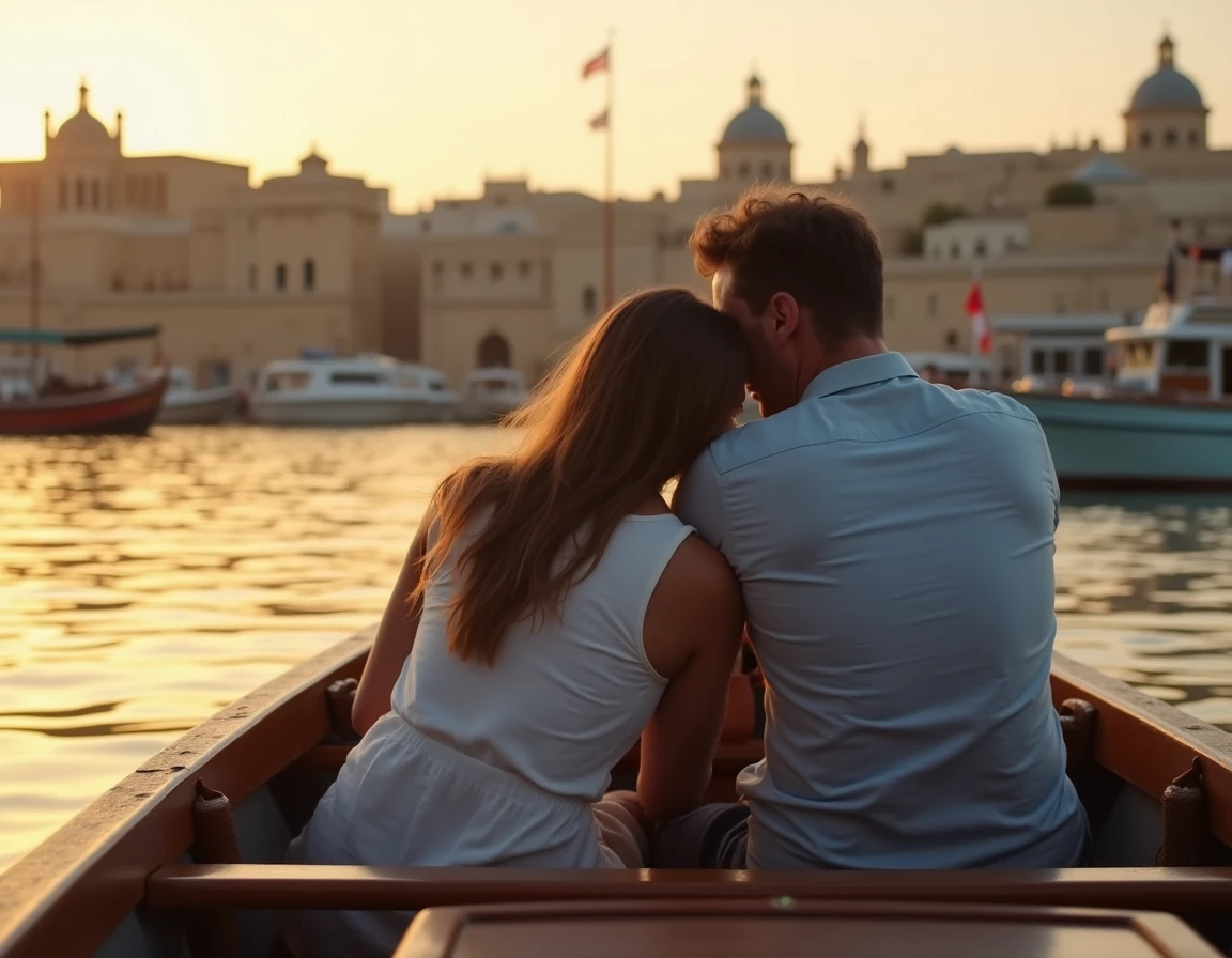 Couple naviguant en bateau traditionnel maltais dgħajsa sur le Grand Port de La Valette au coucher du soleil