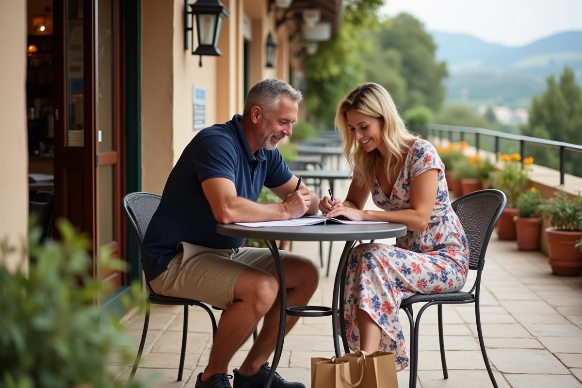 Couple gérant leur budget sur la terrasse d'un café espagnol à Dancharia près de la frontière française