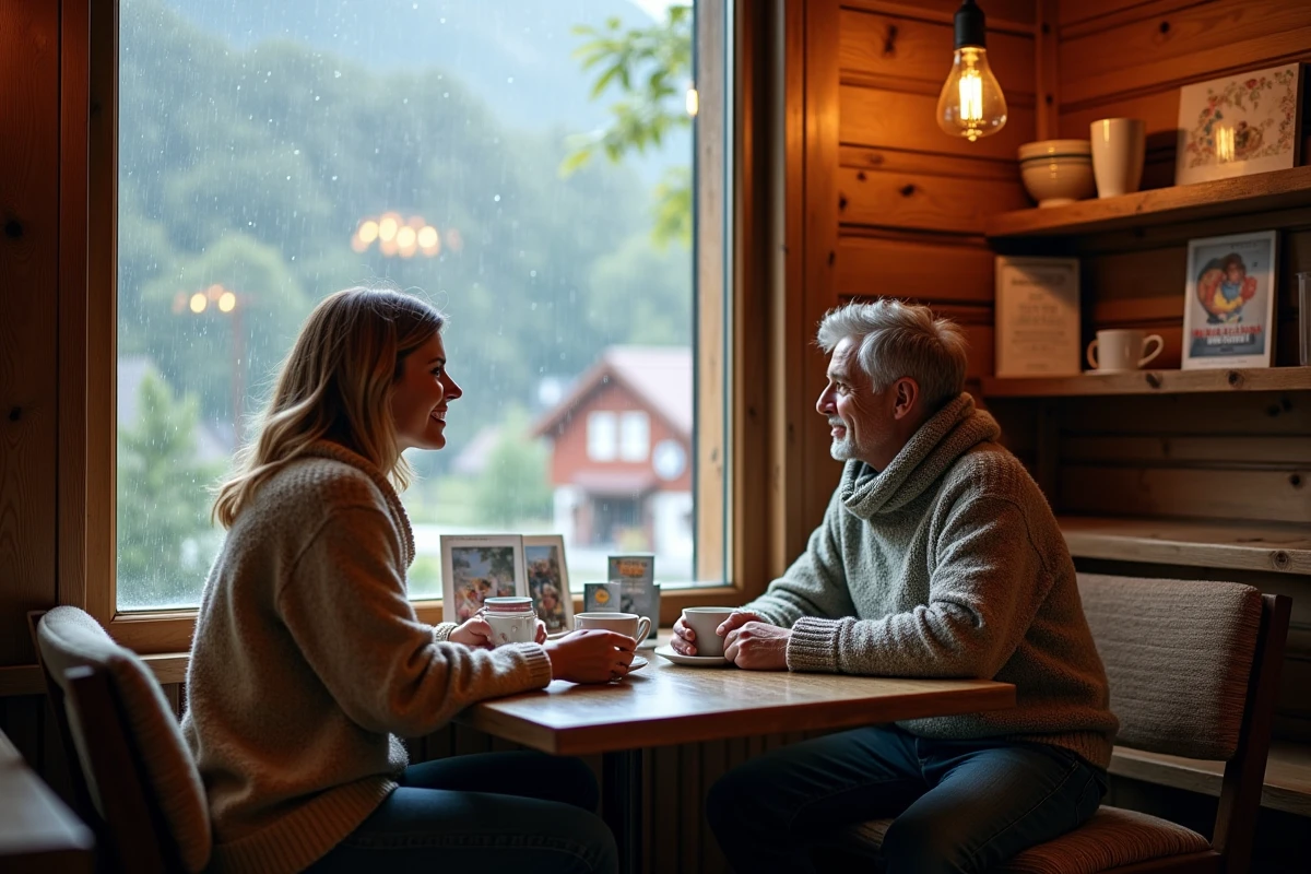 Couple d&eacute;gustant un caf&eacute; dans un caf&eacute; de Hallstatt