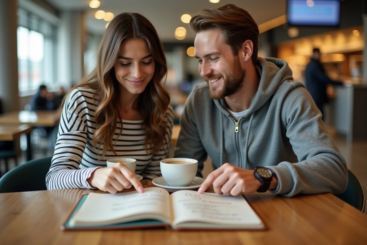 Couple calculant le décalage horaire avec Miami durant une escale dans un café d'aéroport avec carnet de voyage et carte d'embarquement