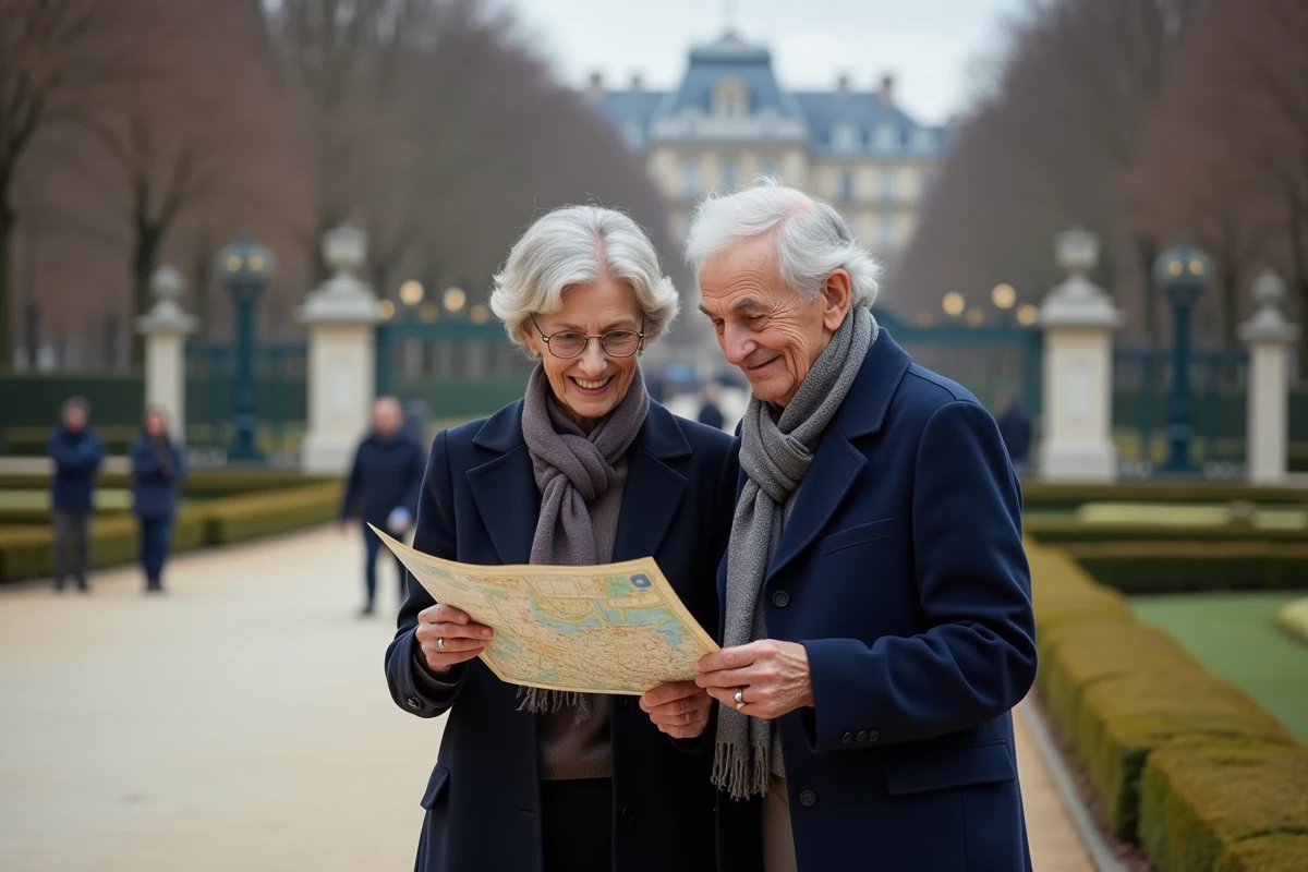 Couple &acirc;g&eacute; dans le jardin des Tuileries &agrave; Paris