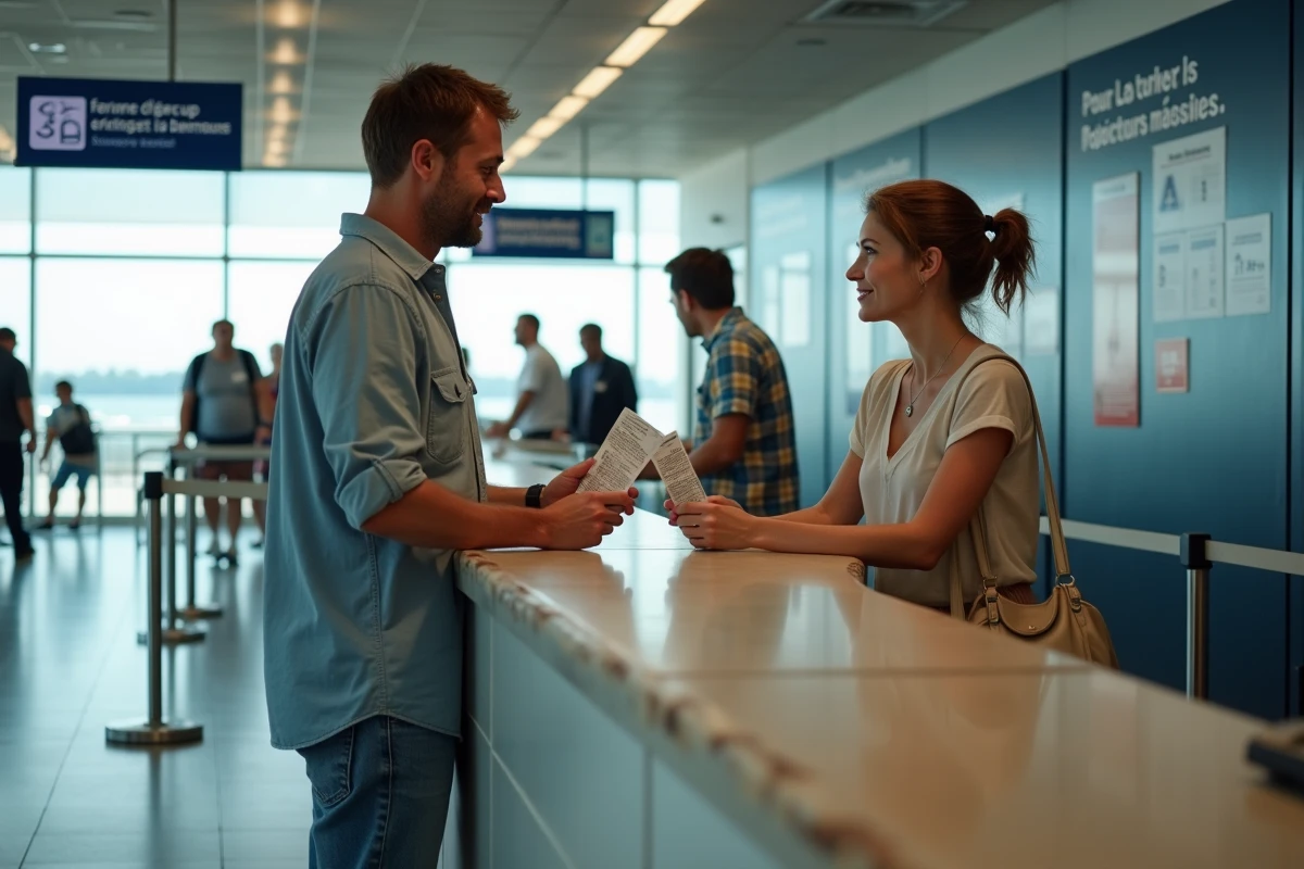 Couple tenant des billets de ferry imprimés au comptoir d'enregistrement d'un terminal maritime