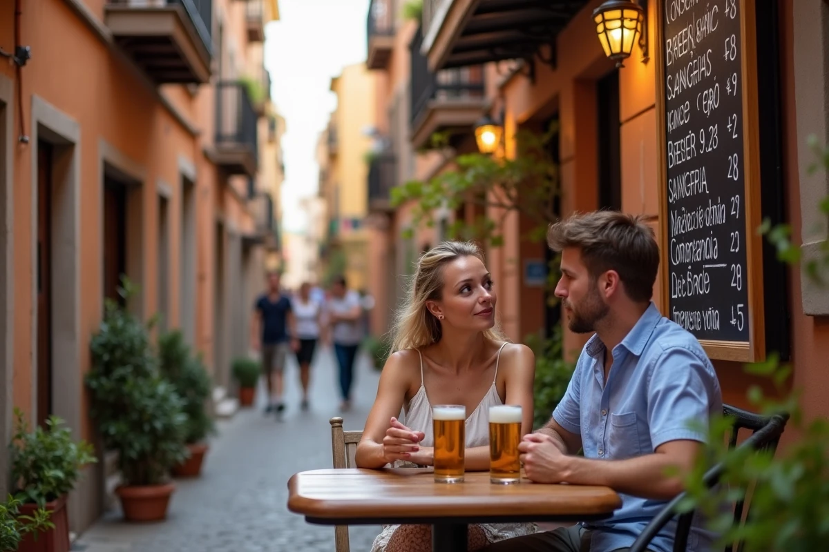 Couple français surpris par les prix des boissons alcoolisées sur une terrasse de bar en Espagne