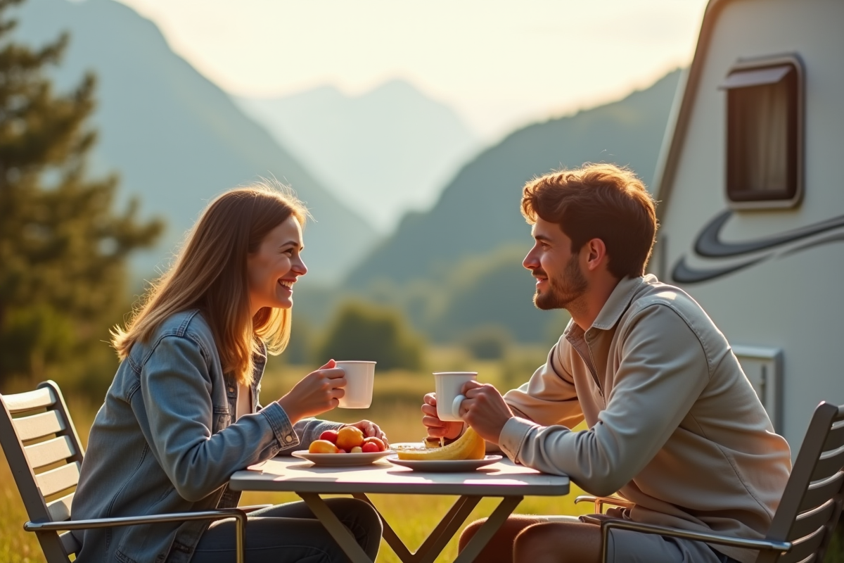 Jeune couple prenant le petit déjeuner devant la caravane