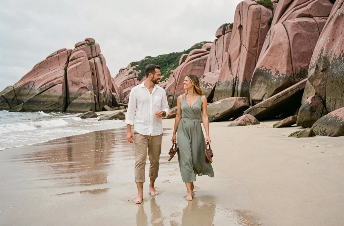 Couple se promenant pieds nus sur une plage déserte encadrée par les rochers de granit rose caractéristiques de la côte bretonne