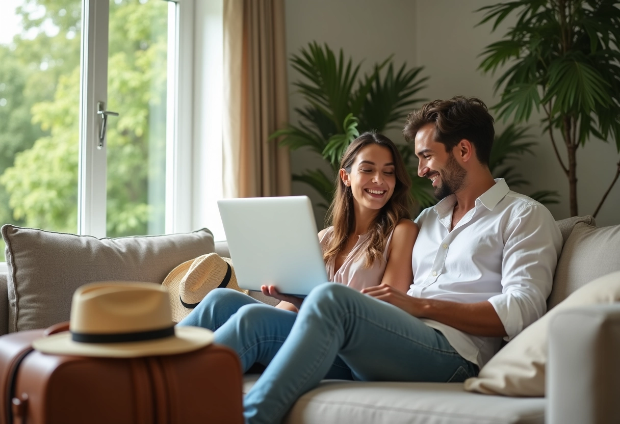 Jeune couple riant avec valise et chapeaux pour voyage