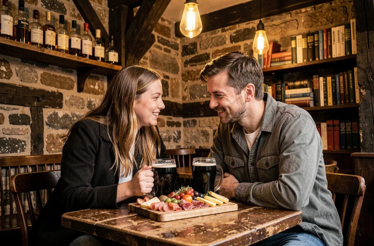 Couple amoureux partageant une bière brune et une planche de charcuterie dans un pub traditionnel irlandais chaleureux à Dublin