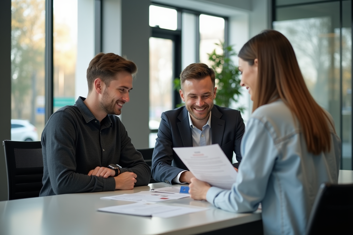Jeune couple discutant avec un agent dans un bureau moderne