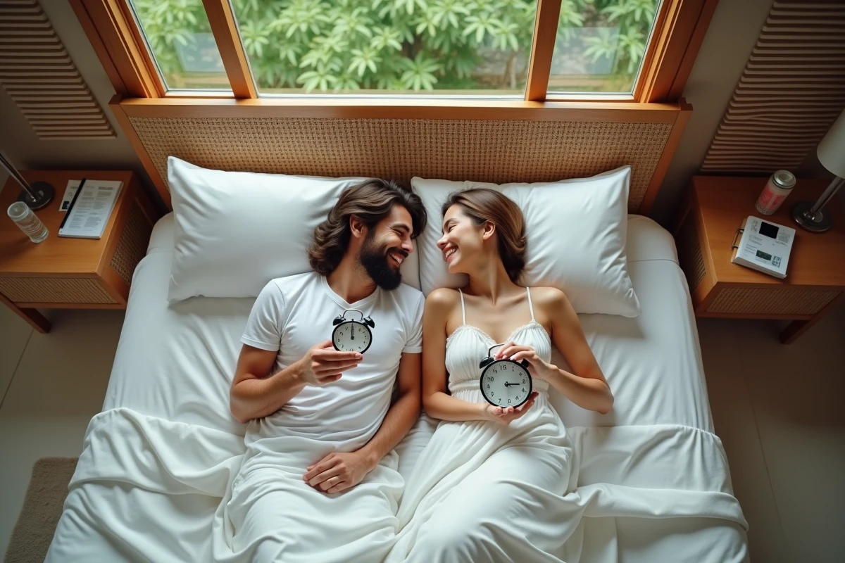 Couple comparant des réveils sur différents fuseaux horaires dans une chambre d'hôtel à La Réunion