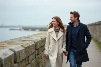 Couple se promenant sur les remparts médiévaux de Saint-Valery-sur-Somme avec vue sur la baie de Somme