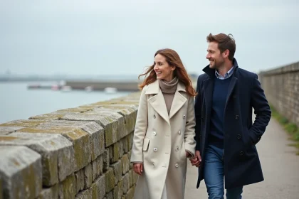 Couple se promenant sur les remparts m&eacute;di&eacute;vaux de Saint-Valery-sur-Somme avec vue sur la baie de Somme