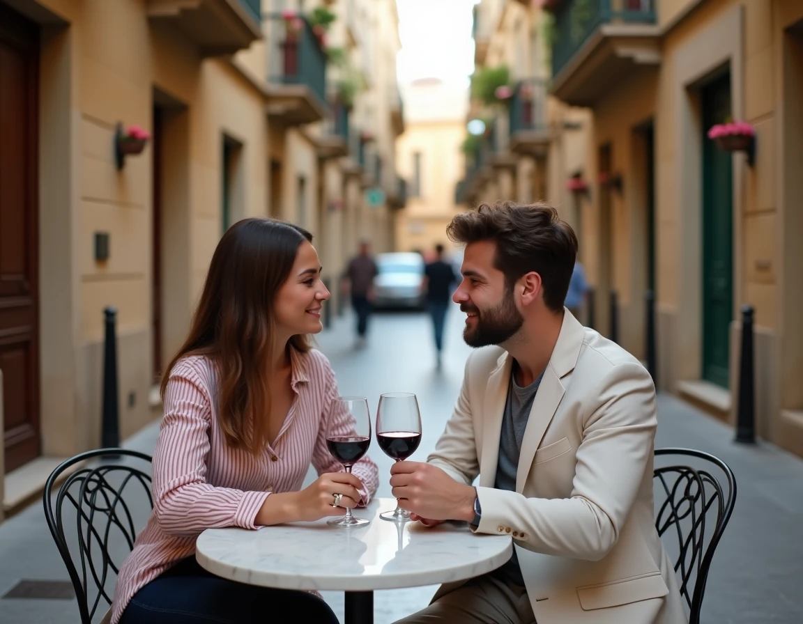 Couple amoureux partageant un repas dans une ruelle pittoresque de La Valette à Malte