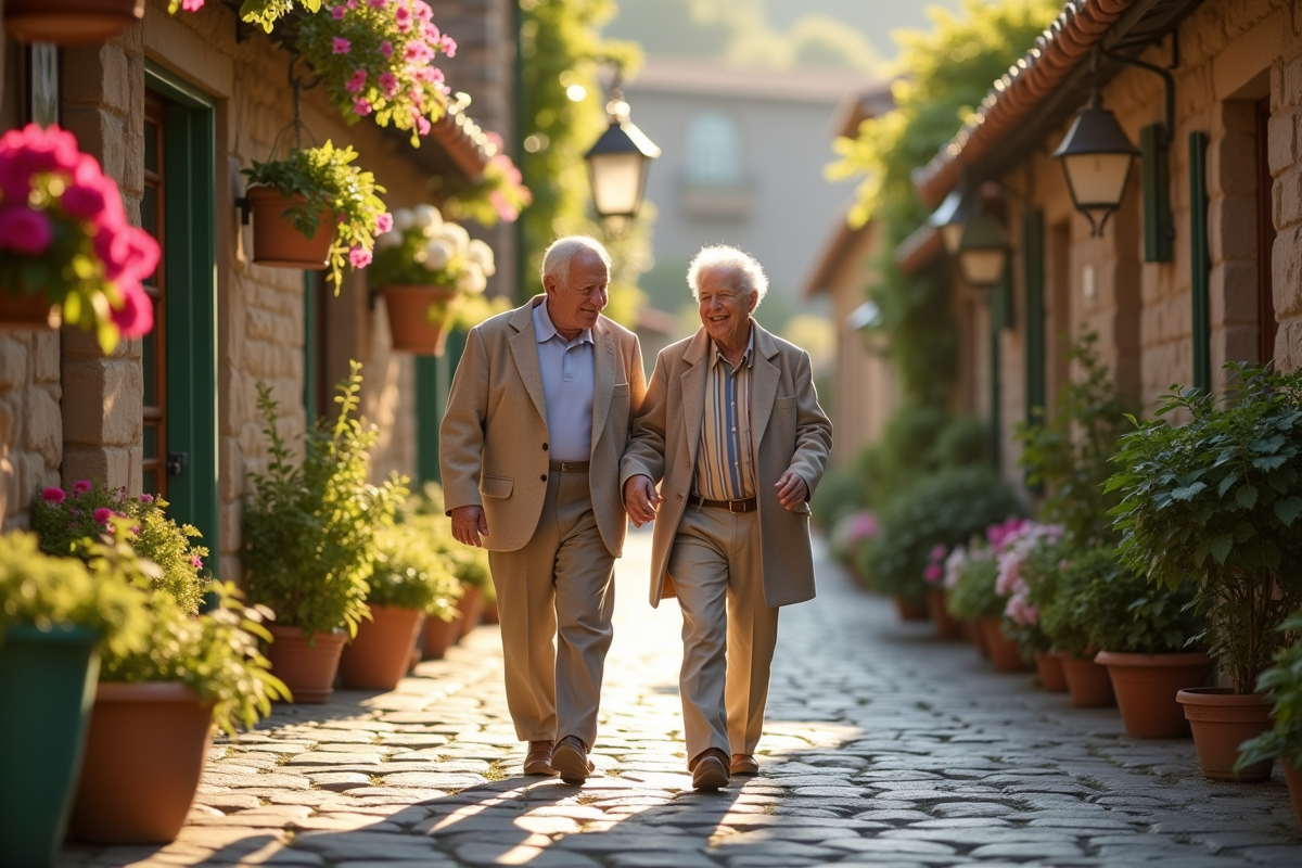 Couple retraité marchant dans un village européen ensoleille