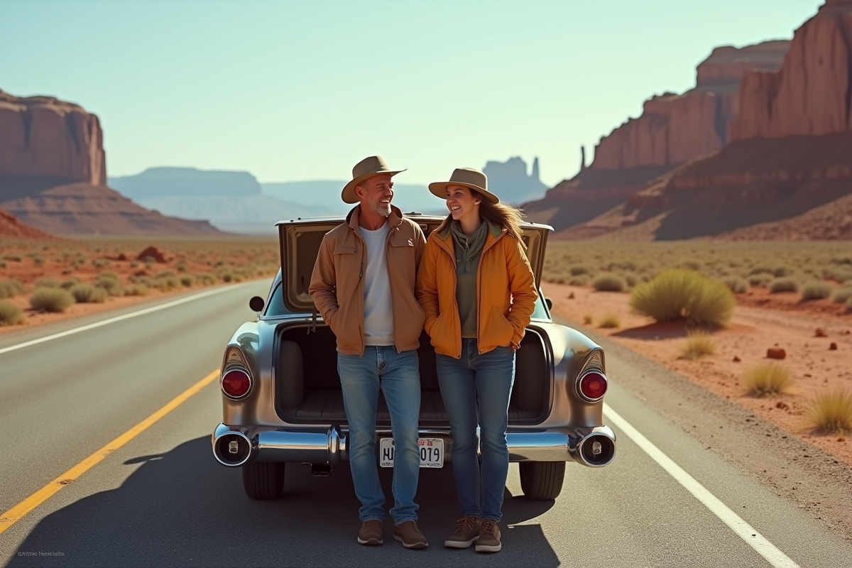 Couple souriant près d'une voiture classique dans le désert