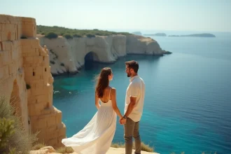Couple romantique main dans la main sur les falaises dorées de Malte surplombant la mer Méditerranée turquoise