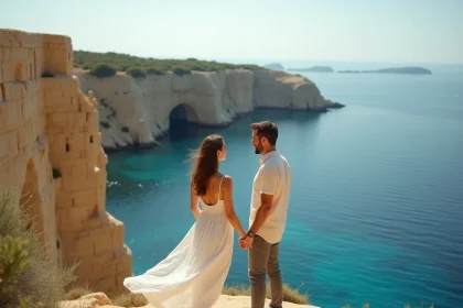 Couple romantique main dans la main sur les falaises dorées de Malte surplombant la mer Méditerranée turquoise