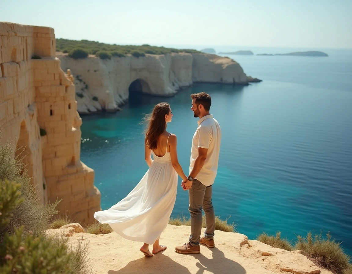 Couple romantique main dans la main sur les falaises dorées de Malte surplombant la mer Méditerranée turquoise