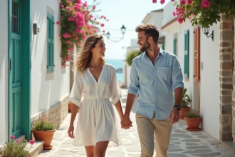 Couple romantique se promenant dans une ruelle pavée de Chalki en Dodécanèse, maisons blanches et bougainvillées, mer Égée en arrière-plan