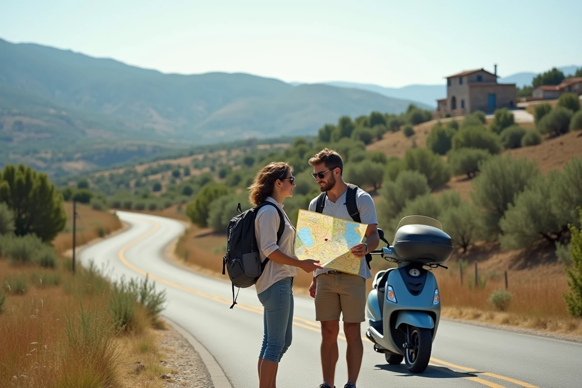 Jeune couple avec scooter sur route rurale en Corse