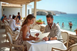 Couple en séjour tout compris en Crète examinant le menu d'un restaurant de resort avec vue sur la mer Égée