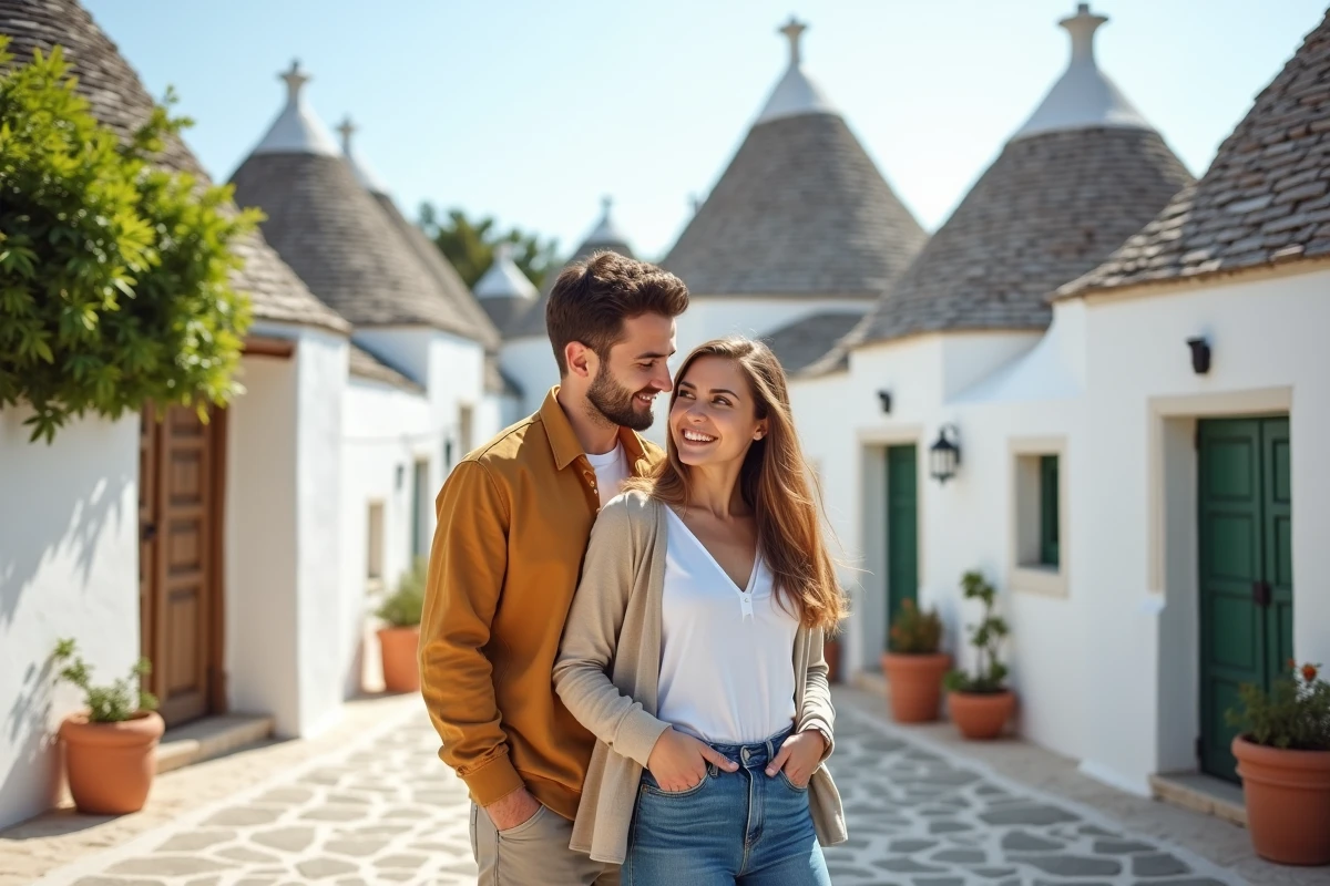Jeune couple devant des trulli à Alberobello en printemps