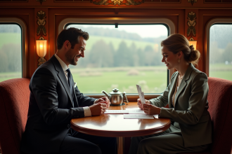 Couple élégante dans train Orient Express souriant