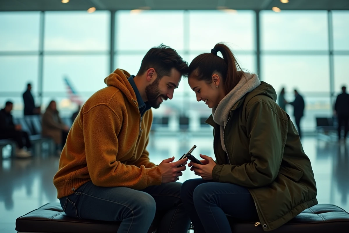 Couple de voyageurs comparant des options de trajets sur leurs smartphones dans un terminal d'aéroport avant le départ