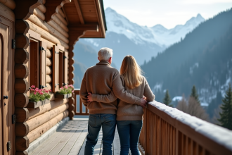 Couple souriant face aux montagnes depuis le chalet