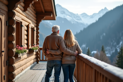 Couple souriant face aux montagnes depuis le chalet