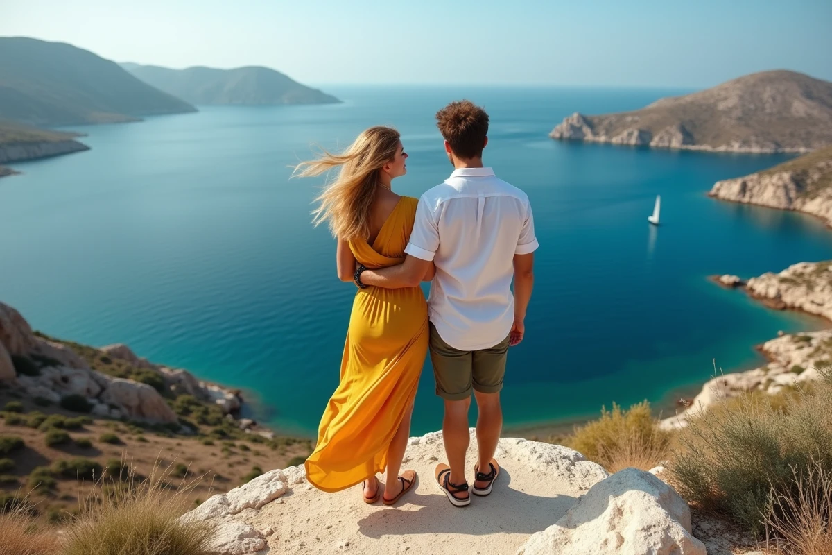 Couple romantique contemplant la mer Égée depuis un promontoire rocheux de l'île de Chalki, vue panoramique sur les eaux cristallines du Dodécanèse