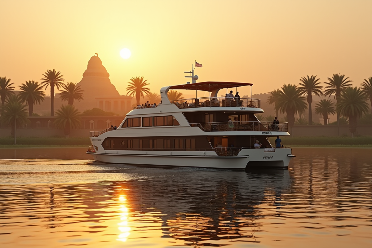 Bateau de croisière luxe sur le Nil au coucher du soleil avec temples anciens