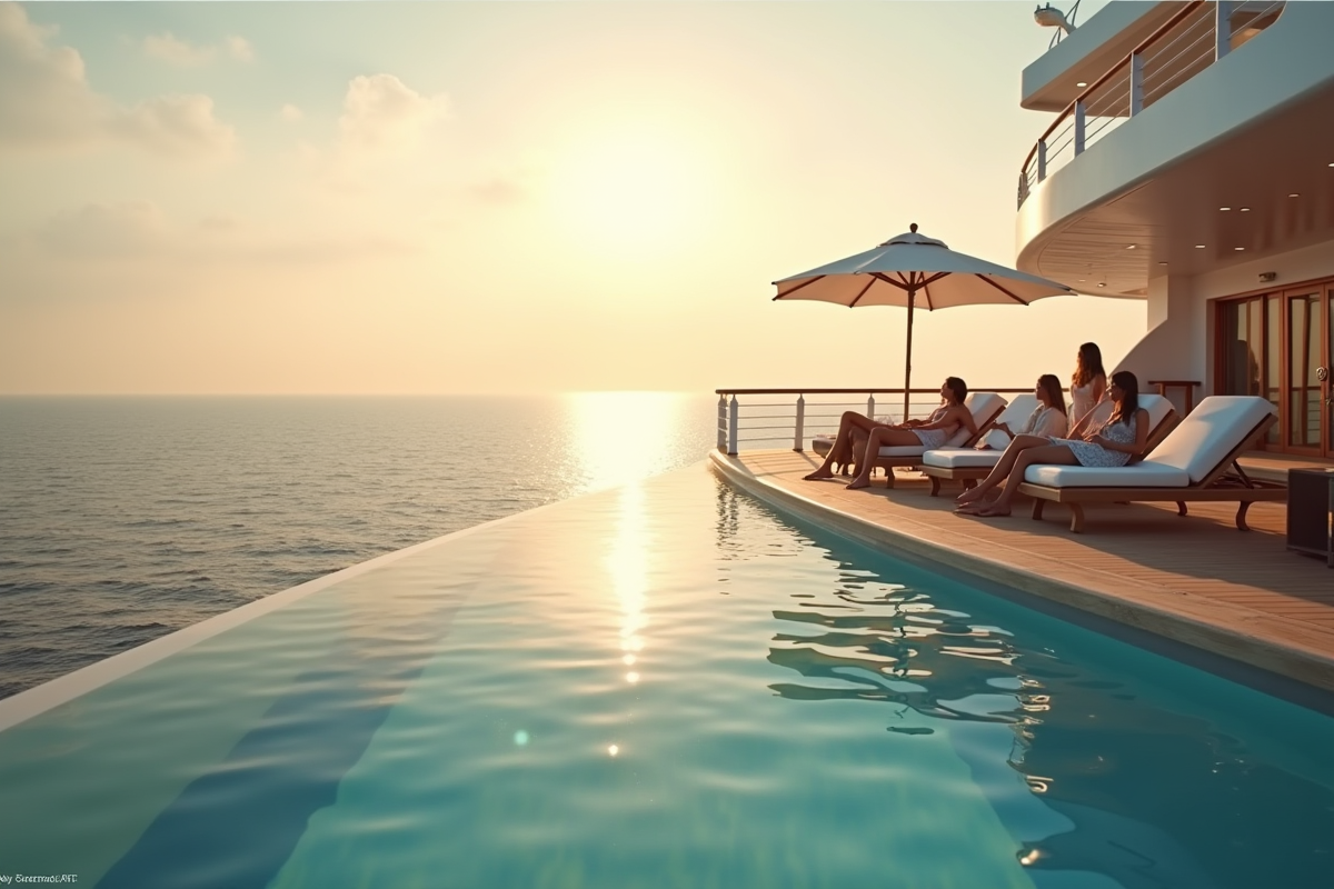 Pont de croisière luxe au lever du soleil avec piscine et vue sur l ocean