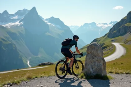 Cycliste au sommet du Col du Petit Saint Bernard en montagne