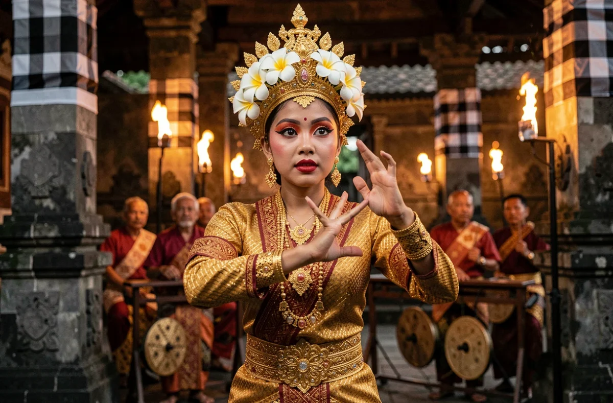 Danseuse Legong balinaise en costume traditionnel doré lors d'une performance cérémonielle dans un temple de Bali