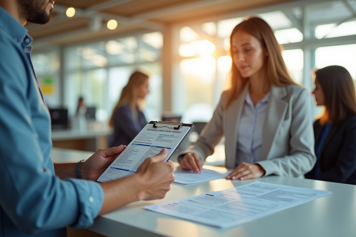 Personne au guichet moderne soumettant documents permis de conduire