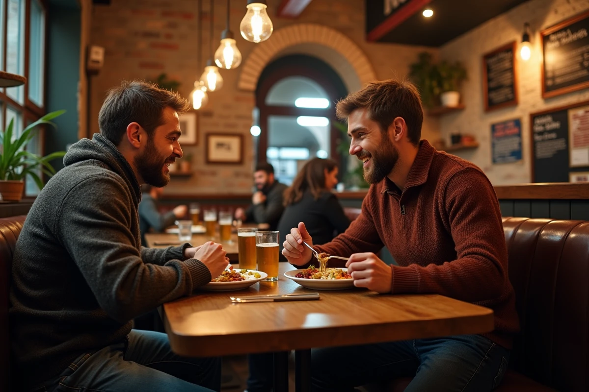 Deux hommes d&eacute;gustant un repas traditionnel dans un bistrot
