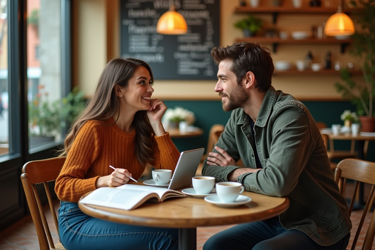 Deux personnes consultant des guides de voyage dans un café pour trouver une destination en X