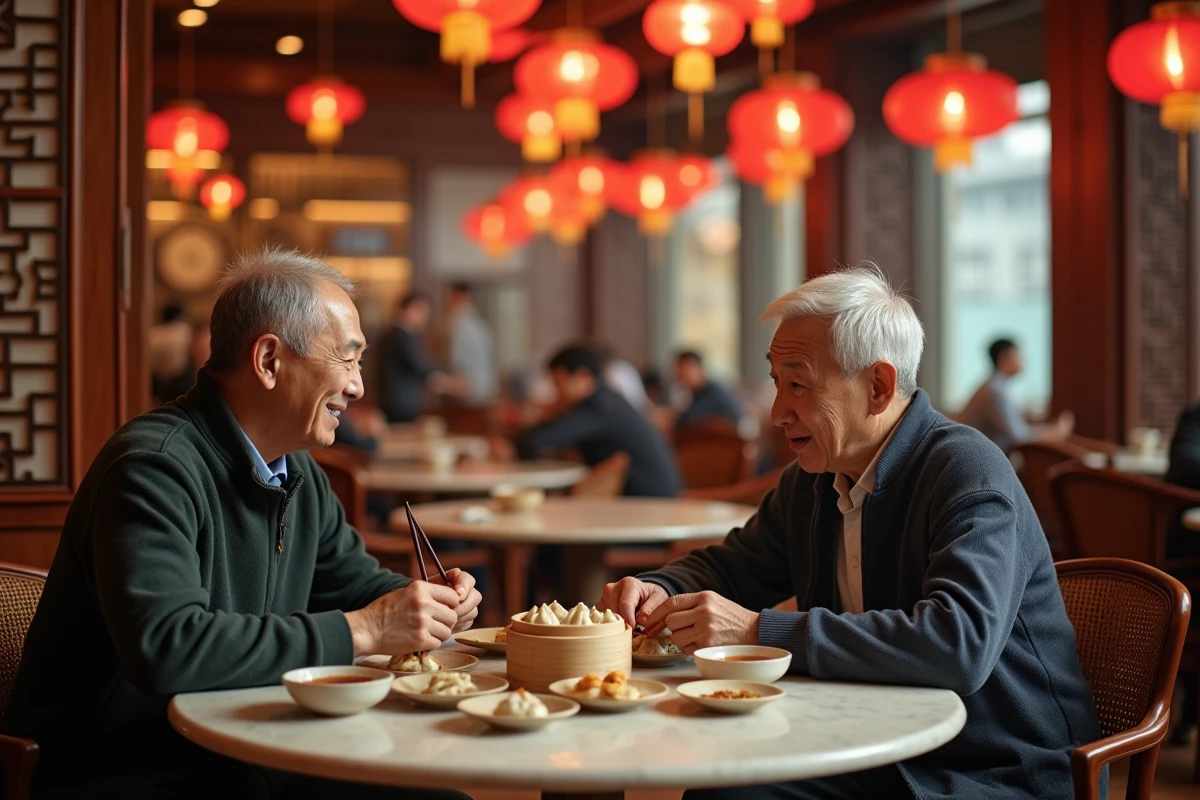 Couple âgé partageant un repas de dim sum dans un salon de thé cantonais traditionnel à Guangdong