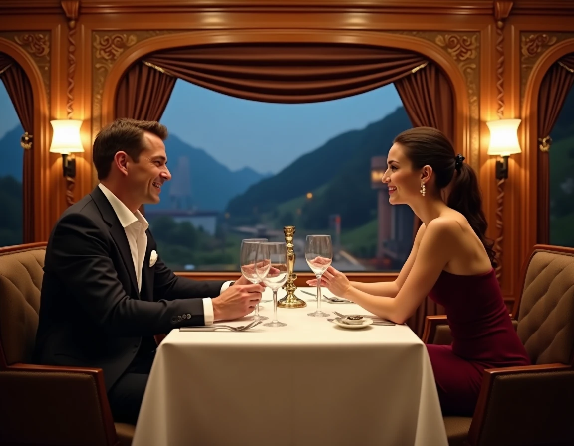 Couple élégant en tenue de soirée dînant dans le wagon-restaurant de l'Orient Express avec décoration Art Déco