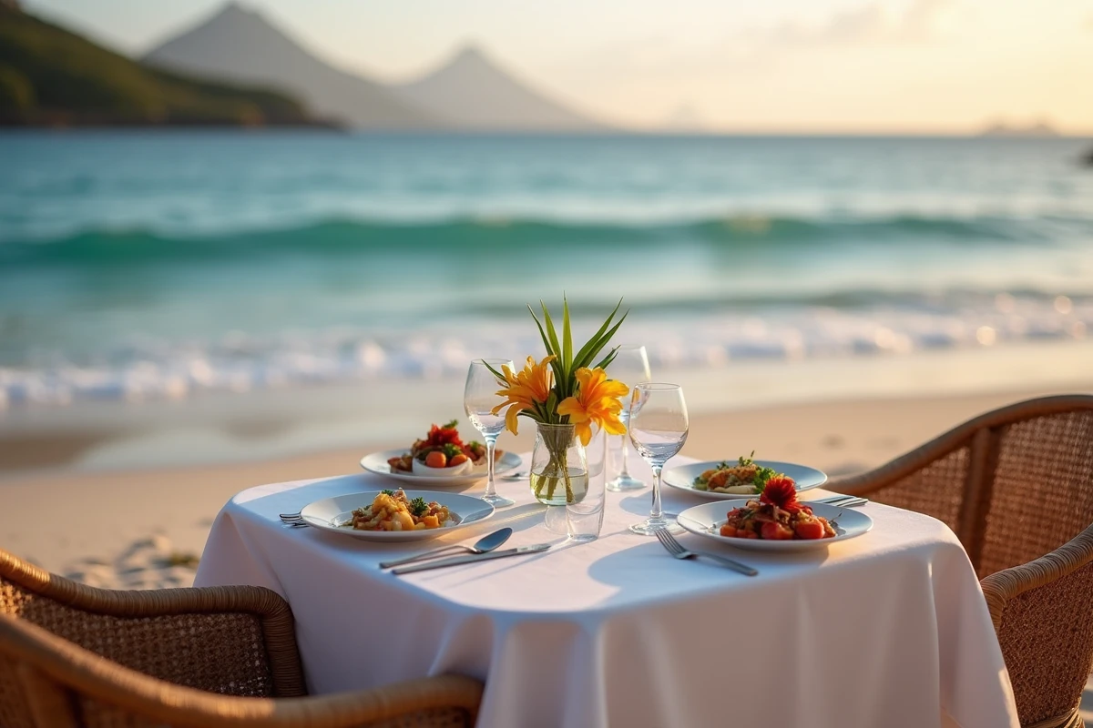 Table dressée pour un dîner romantique en tête-à-tête sur la plage d'un hôtel 5 étoiles en Guadeloupe au coucher du soleil