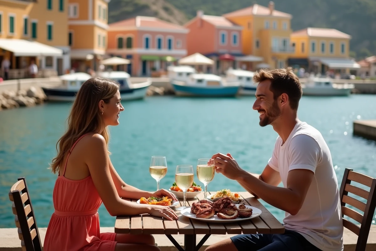 Couple partageant un repas romantique dans une taverne au bord du port de Chalki, Rhodes, avec vue sur les maisons néoclassiques colorées et la mer turquoise