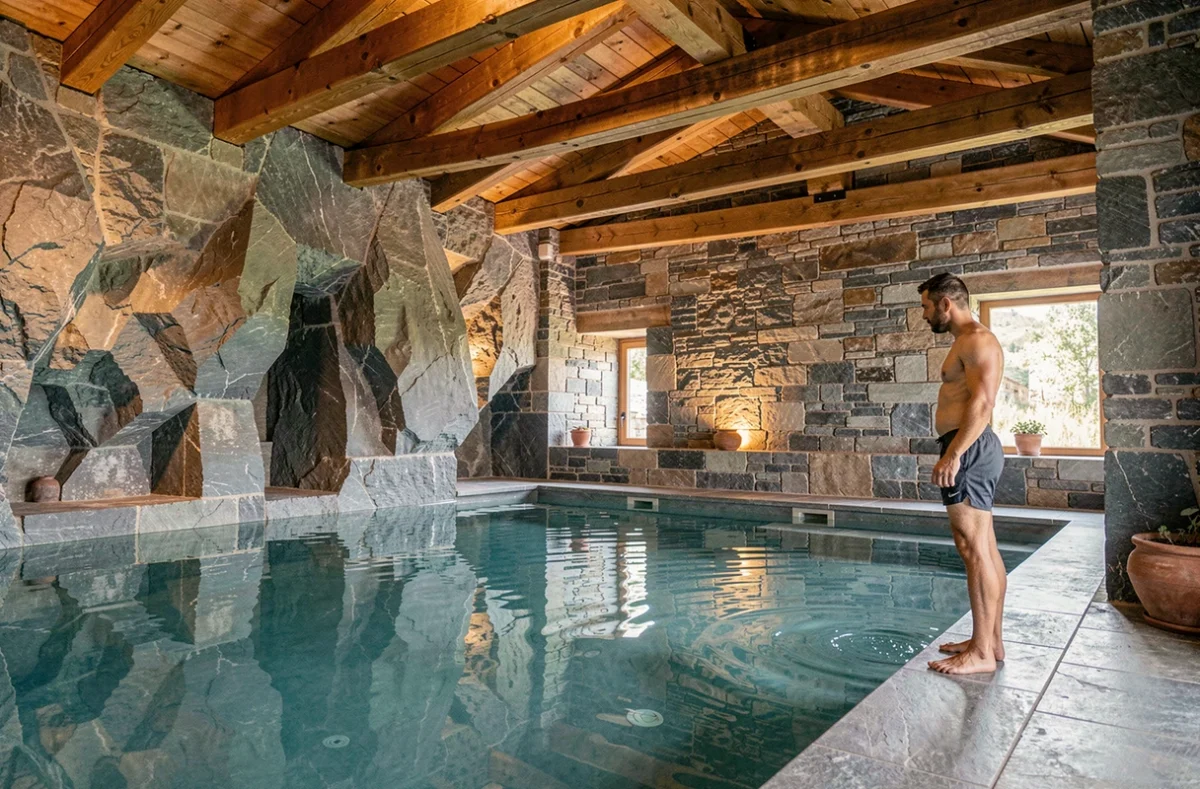 Piscine intérieure du Domaine du Moulin à Orbey avec murs en pierre et poutres en bois en montagne vosgienne