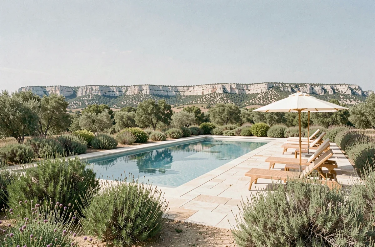 Grande piscine du Domaine de Méjeans à Alleins avec la chaîne des Alpilles en toile de fond et garrigue provençale