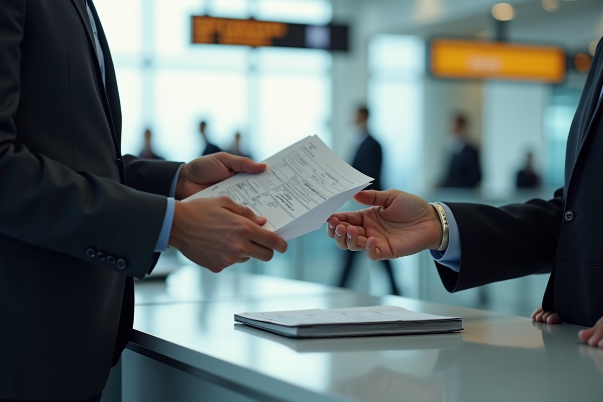 Personne remettant documents de voyage au douanier à l'aéroport