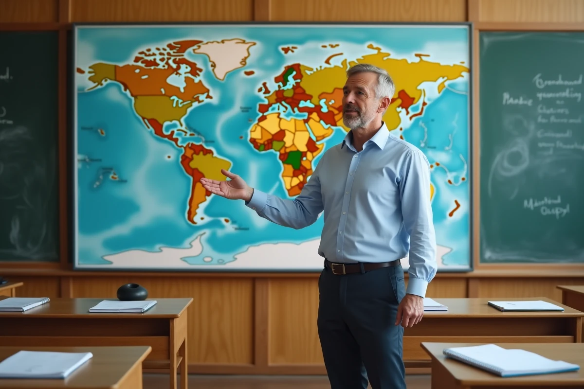 Enseignant en classe montrant la taille disproportionnée du Groenland sur une carte du monde murale, illustrant les erreurs de la projection de Mercator