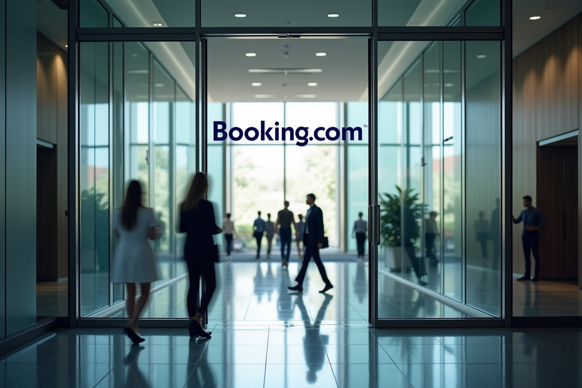 Entrée moderne d un immeuble d entreprise avec logo Booking com