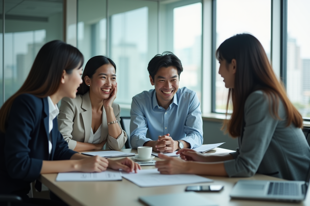 Equipe franco-japonaise collaborant dans un bureau moderne au japon