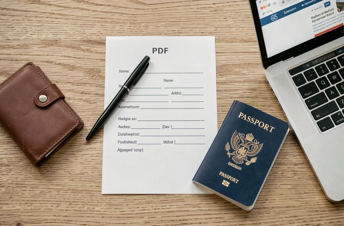Étiquette valise PDF imprimée posée sur une table avec passeport et stylo pour compléter les informations