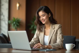 Étudiante en télétravail dans un lobby d'hôtel moderne, utilisant un service de daysue pour travailler