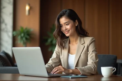 Étudiante en télétravail dans un lobby d'hôtel moderne, utilisant un service de daysue pour travailler